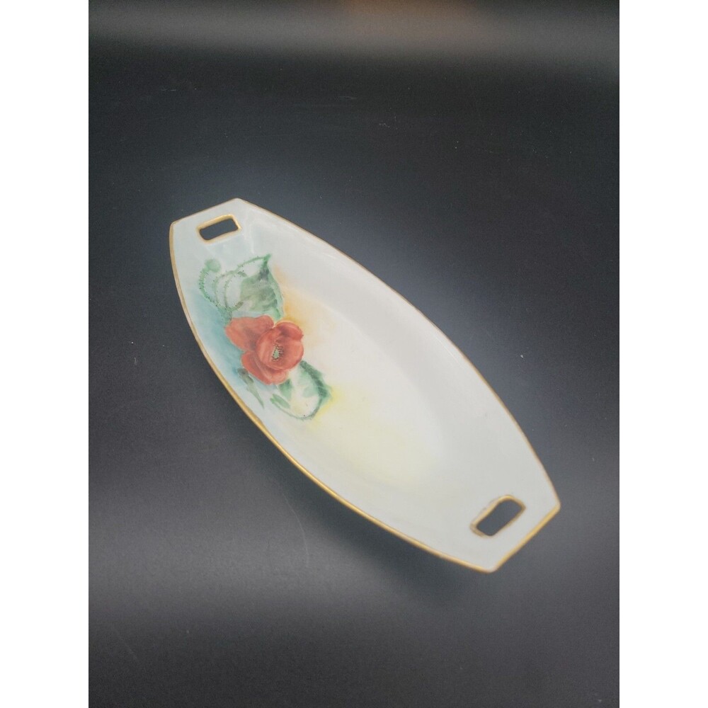 Antique China Painting Bavaria Celery Dish Poppy Floral Hertel Jacob & Co Signed